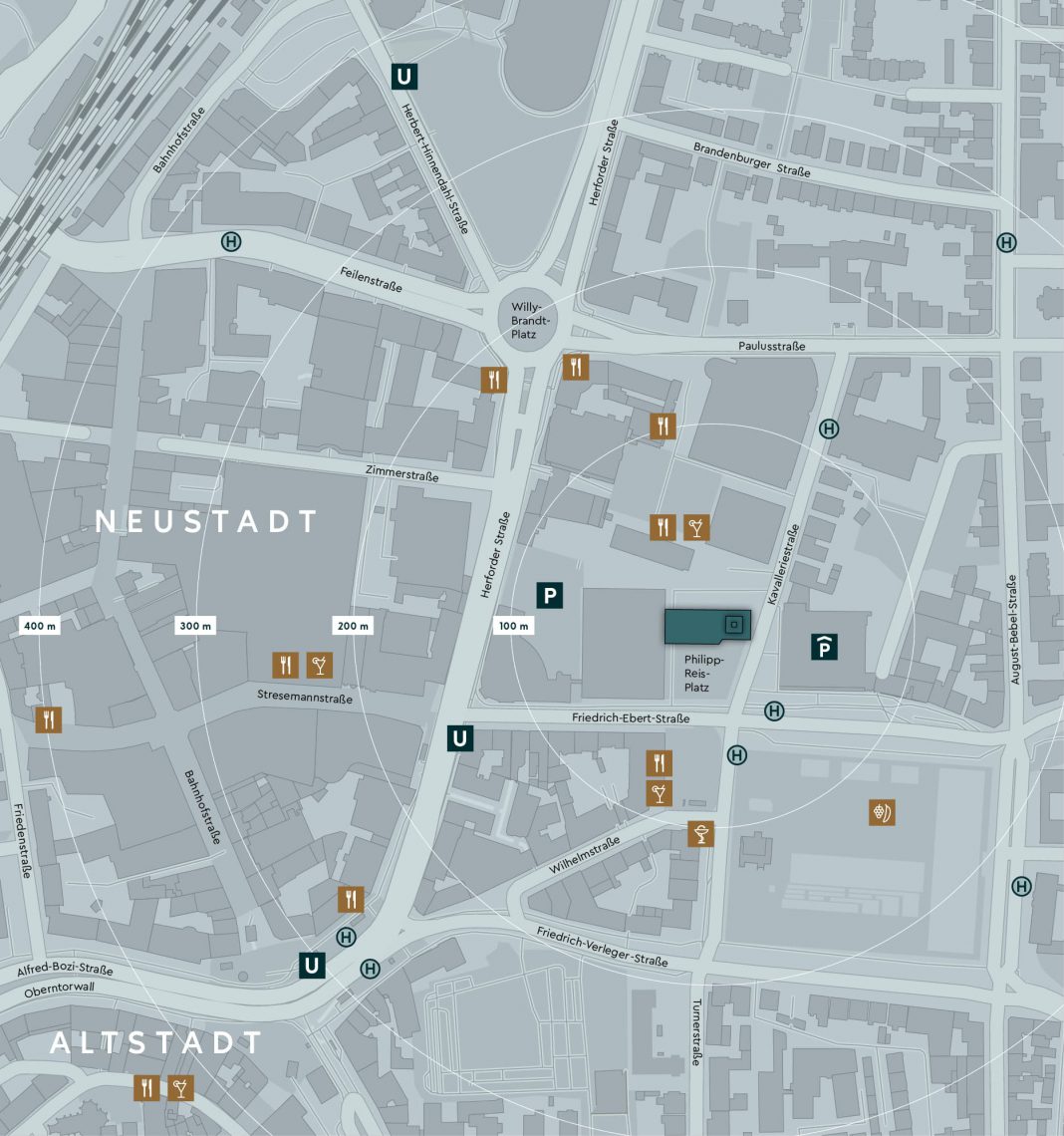 Übersichtskarte deds Innenstadtbereichs rund um das H1, mit Marken für interessante Anlaufpunkte